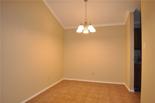 empty room with baseboards, ornamental molding, a chandelier, and light tile patterned flooring