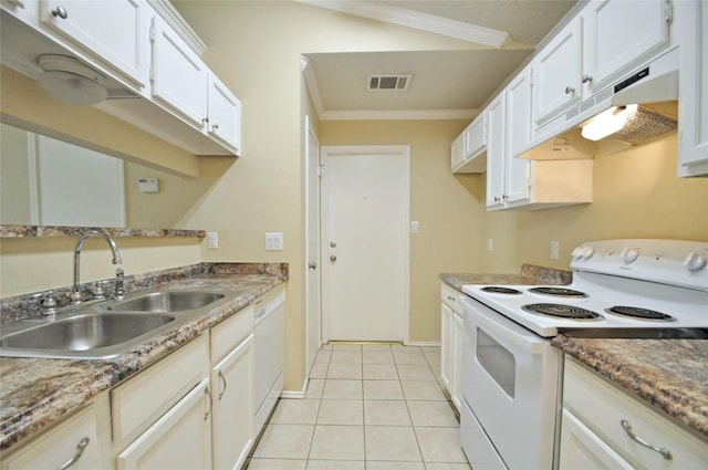 kitchen with a sink, visible vents, white appliances, under cabinet range hood, and ornamental molding