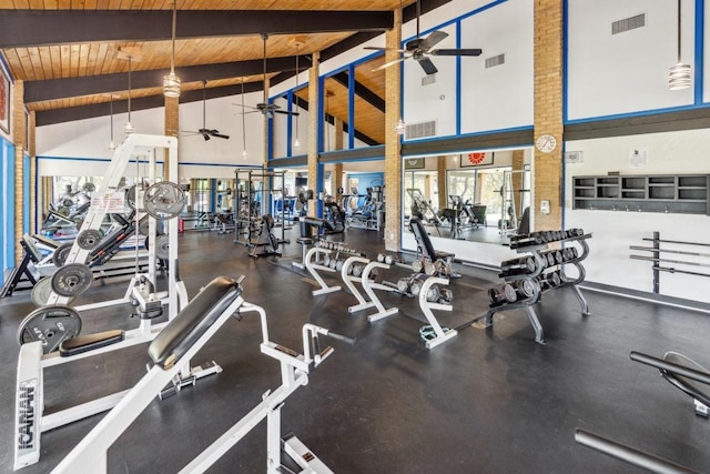 workout area with high vaulted ceiling, ceiling fan, wooden ceiling, and visible vents