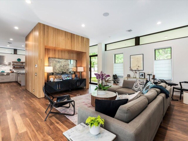 1703 Dexter St, Austin, TX 78704 - living area with recessed lighting, a healthy amount of sunlight, visible vents, and dark wood-style floors