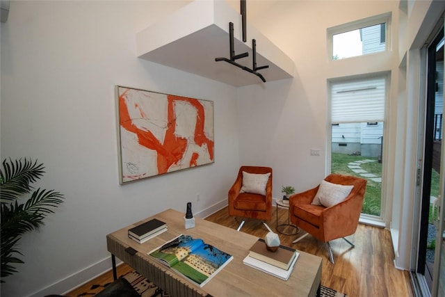 home office featuring wood finished floors and baseboards