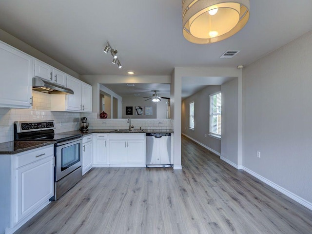 6709 Doyal Dr, Austin, TX 78747 - kitchen featuring appliances with stainless steel finishes, under cabinet range hood, a sink, backsplash, and baseboards