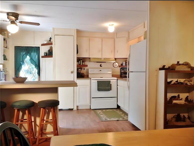 kitchen with open shelves, white appliances, ceiling fan, light wood finished floors, and under cabinet range hood