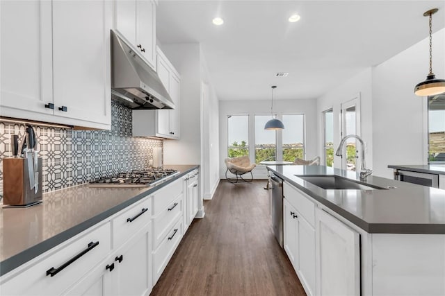 2616 War Wagon Way, Leander, TX 78641 - kitchen featuring under cabinet range hood, appliances with stainless steel finishes, backsplash, plenty of natural light, and recessed lighting