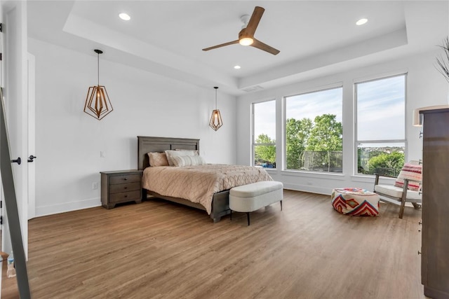 2616 War Wagon Way, Leander, TX 78641 - bedroom with a raised ceiling, light wood-style flooring, and recessed lighting
