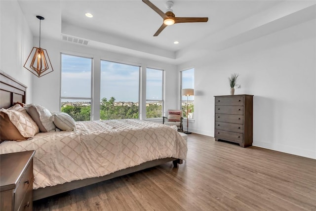 2616 War Wagon Way, Leander, TX 78641 - bedroom featuring wood finished floors, recessed lighting, a tray ceiling, and a ceiling fan