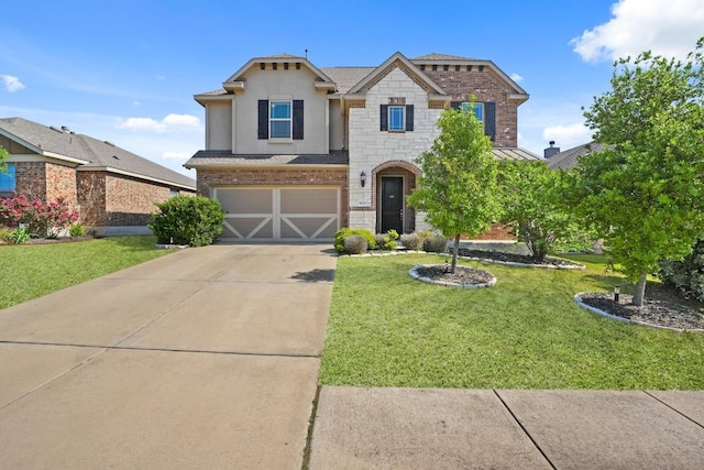5679 Corsica Loop, Round Rock, TX 78665 - view of front of property with driveway, an attached garage, a front yard, brick siding, and stucco siding