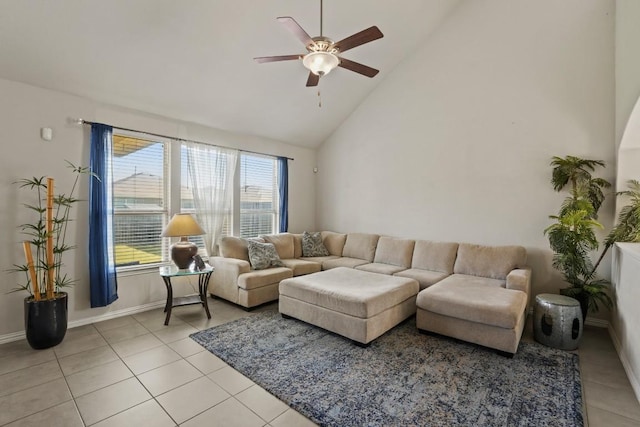 5679 Corsica Loop, Round Rock, TX 78665 - living area featuring light tile patterned floors, ceiling fan, and high vaulted ceiling