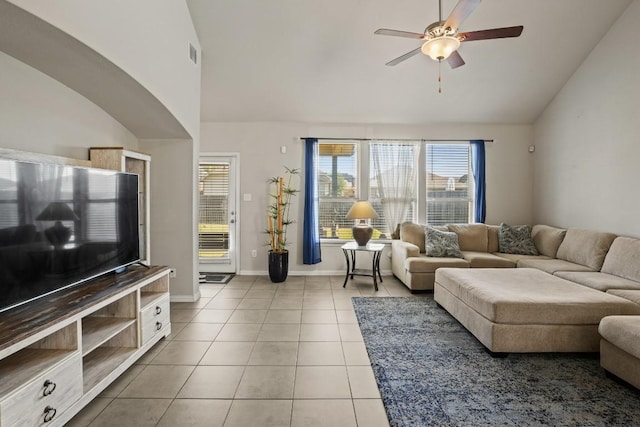 5679 Corsica Loop, Round Rock, TX 78665 - living area with a ceiling fan, light tile patterned flooring, and high vaulted ceiling