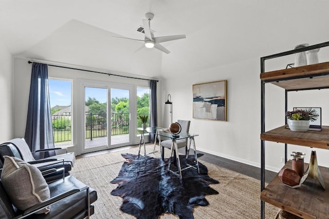 10012 Scull Creek Dr, Austin, TX 78730 - sitting room featuring ceiling fan and lofted ceiling