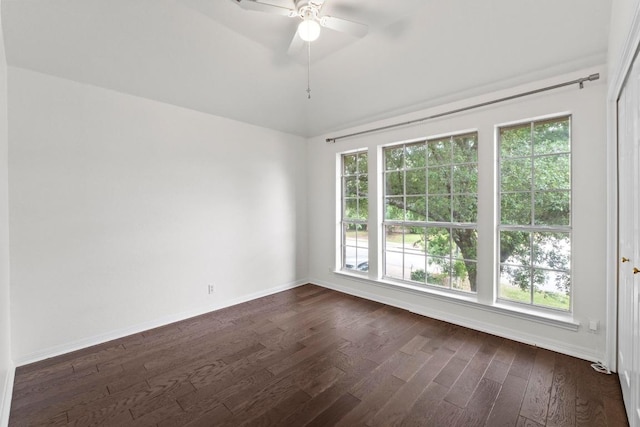 10012 Scull Creek Dr, Austin, TX 78730 - spare room with dark wood-style floors, baseboards, ceiling fan, and lofted ceiling