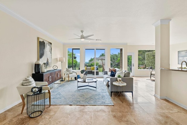 10012 Scull Creek Dr, Austin, TX 78730 - living room with a ceiling fan, crown molding, and baseboards