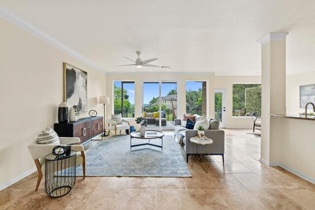 10012 Scull Creek Dr, Austin, TX 78730 - living room with ceiling fan and crown molding