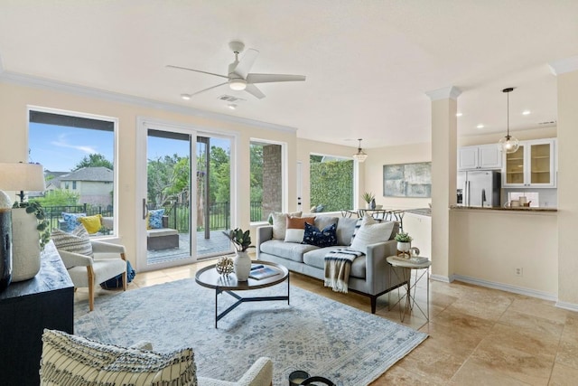 10012 Scull Creek Dr, Austin, TX 78730 - living room with ceiling fan, crown molding, baseboards, and recessed lighting