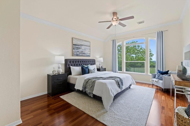 10012 Scull Creek Dr, Austin, TX 78730 - bedroom with ornamental molding, dark wood-type flooring, and ceiling fan
