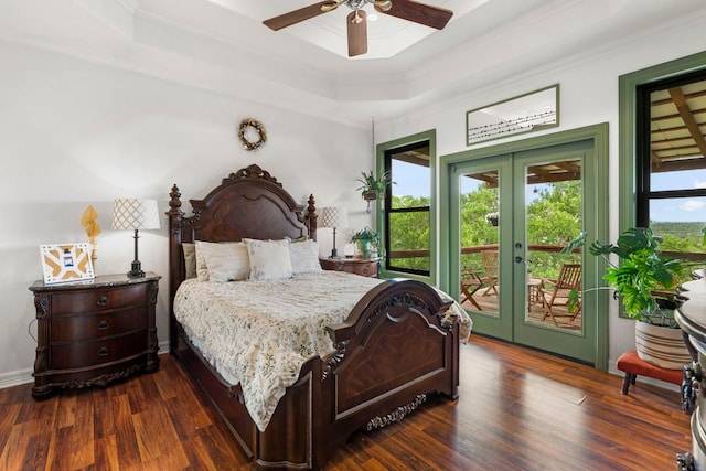 45 Saddle Rock Rdg, Wimberley, TX 78676 - bedroom with french doors, a raised ceiling, crown molding, access to exterior, and dark wood finished floors