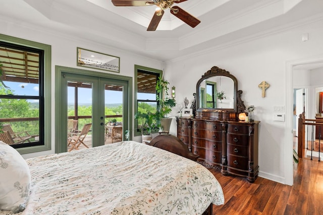 45 Saddle Rock Rdg, Wimberley, TX 78676 - bedroom featuring french doors, a raised ceiling, dark wood-style flooring, access to exterior, and ornamental molding
