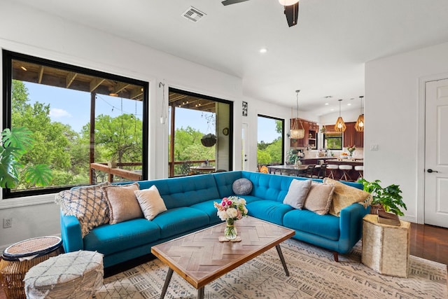 45 Saddle Rock Rdg, Wimberley, TX 78676 - living area featuring recessed lighting, wood finished floors, visible vents, and a ceiling fan