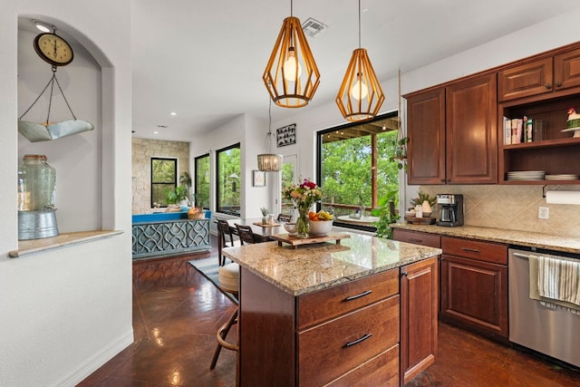 45 Saddle Rock Rdg, Wimberley, TX 78676 - kitchen with light stone counters, open shelves, visible vents, stainless steel dishwasher, and decorative backsplash