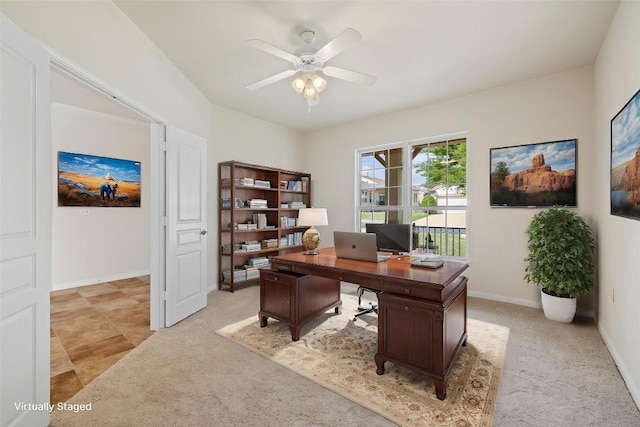 504 Deer Meadow Cir, Georgetown, TX 78633 - office area featuring ceiling fan, light carpet, and baseboards