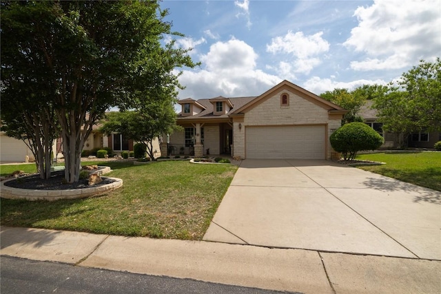 504 Deer Meadow Cir, Georgetown, TX 78633 - view of front of property featuring stone siding, a garage, a front yard, and concrete driveway