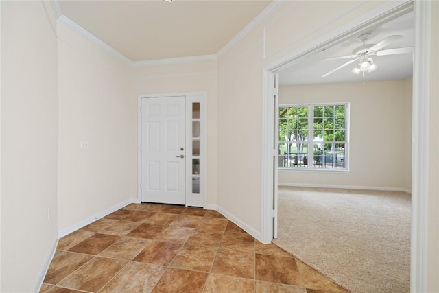 504 Deer Meadow Cir, Georgetown, TX 78633 - foyer entrance featuring ceiling fan, baseboards, crown molding, and carpet