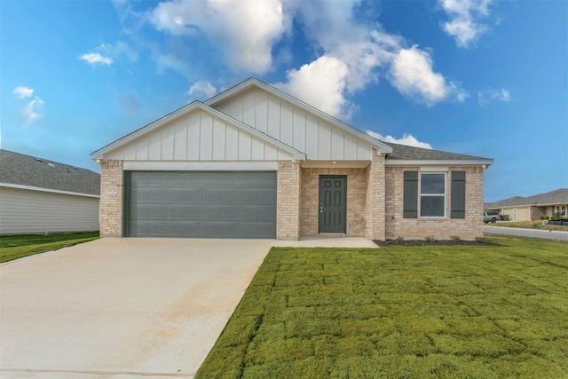 ranch-style home featuring a front lawn, driveway, brick siding, a garage, and board and batten siding