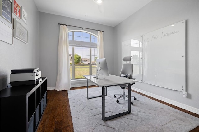 office area with wood finished floors and baseboards