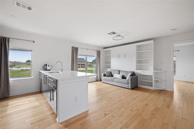 kitchen featuring light countertops, light wood-style floors, visible vents, and a sink