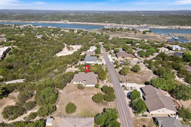 21407 High Dr, Lago Vista, TX 78645 - aerial view of property and surrounding area with a large body of water and nearby suburban area