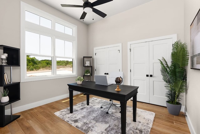 347 Stars And Stripes, Fischer, TX 78623 - office with a ceiling fan, baseboards, healthy amount of natural light, light wood finished floors, and a high ceiling