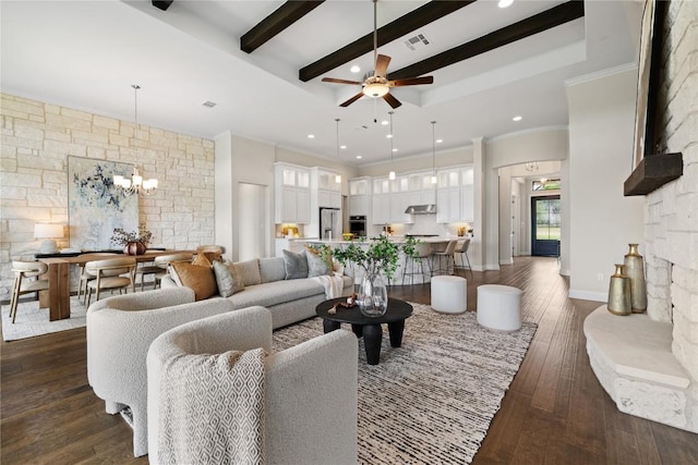 2325 High Lonesome, Leander, TX 78641 - living area featuring a chandelier, a ceiling fan, dark wood-type flooring, beamed ceiling, and crown molding