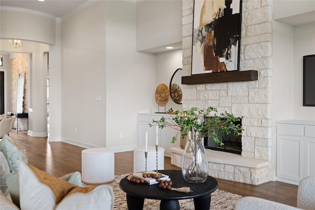 2325 High Lonesome, Leander, TX 78641 - living area with crown molding, a stone fireplace, and wood finished floors