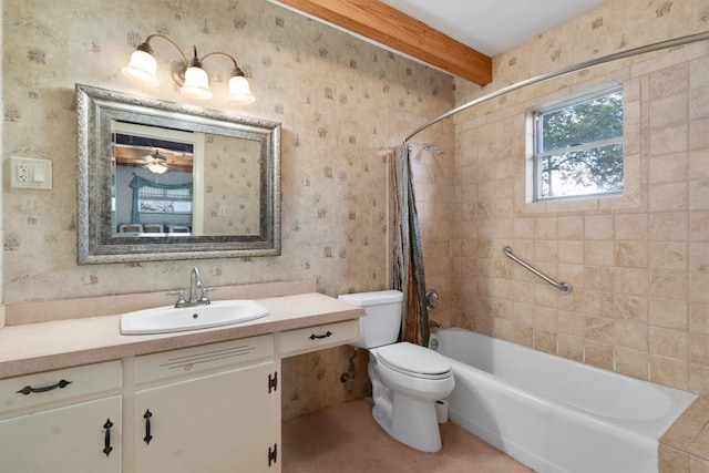 168 Bastrop St, Mcdade, TX 78650 - full bath with wallpapered walls, shower / bathtub combination with curtain, toilet, vanity, and beamed ceiling