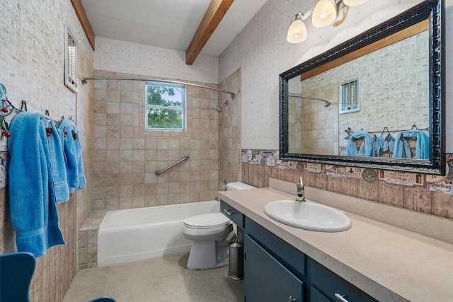 168 Bastrop St, Mcdade, TX 78650 - bathroom featuring vanity, toilet, wallpapered walls, and beamed ceiling
