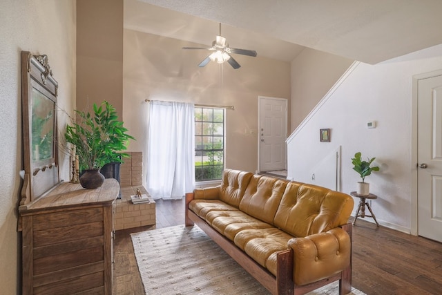 5604 Woodrow Ave Unit 7, Austin, TX 78756 - living area featuring vaulted ceiling, ceiling fan, hardwood / wood-style floors, and baseboards