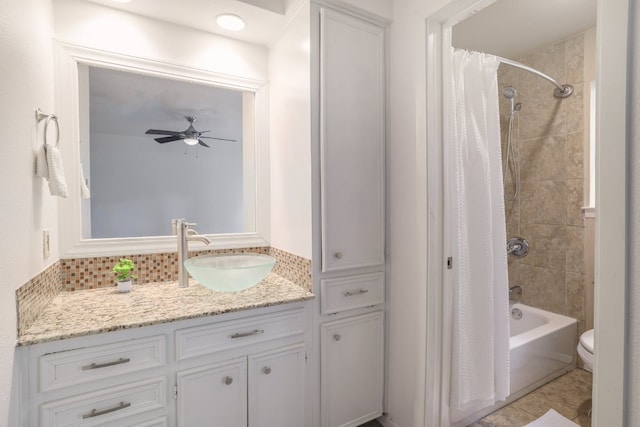 5604 Woodrow Ave Unit 7, Austin, TX 78756 - bathroom with vanity, shower / bath combination with curtain, a ceiling fan, and decorative backsplash