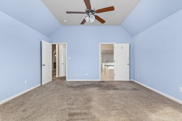 217 Monahans Dr, Georgetown, TX 78628 - unfurnished bedroom with lofted ceiling, carpet flooring, ensuite bath, and a ceiling fan