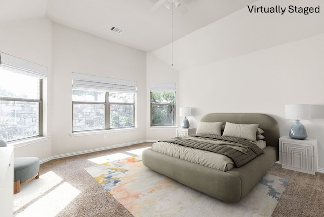 217 Monahans Dr, Georgetown, TX 78628 - bedroom with vaulted ceiling, carpet floors, and ceiling fan