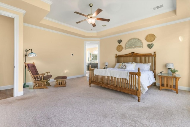 2560 Square Nail Cv, Leander, TX 78641 - carpeted bedroom with a raised ceiling, crown molding, baseboards, and ceiling fan