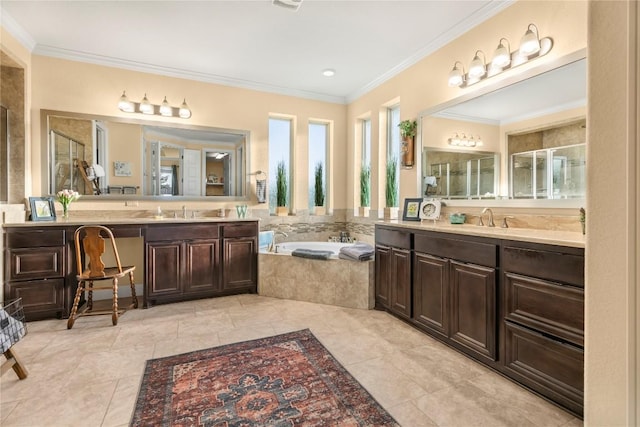 2560 Square Nail Cv, Leander, TX 78641 - bathroom with two vanities, a stall shower, a bath, and ornamental molding