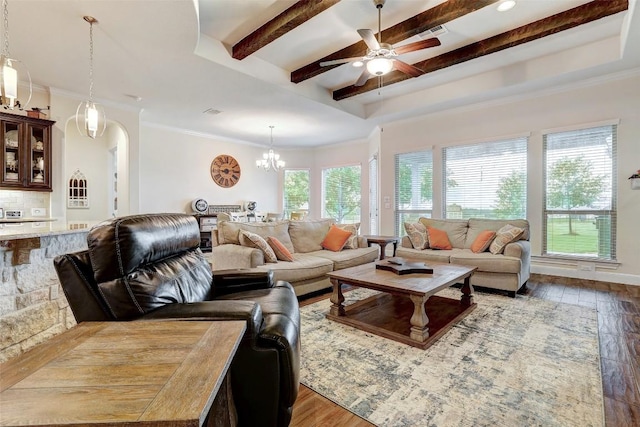 2560 Square Nail Cv, Leander, TX 78641 - living room featuring hardwood / wood-style flooring, a chandelier, a ceiling fan, arched walkways, and beam ceiling