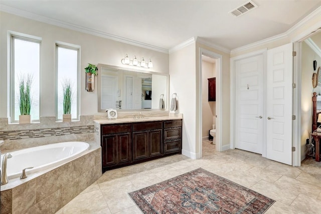 2560 Square Nail Cv, Leander, TX 78641 - full bathroom featuring vanity, a garden tub, healthy amount of natural light, ornamental molding, and tile patterned flooring