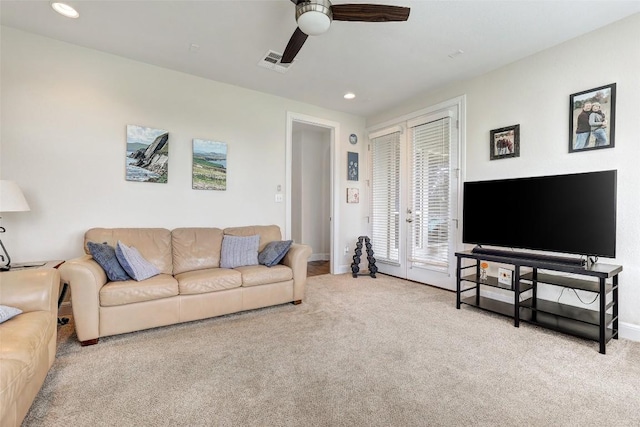 2560 Square Nail Cv, Leander, TX 78641 - living room with carpet floors, ceiling fan, french doors, and recessed lighting