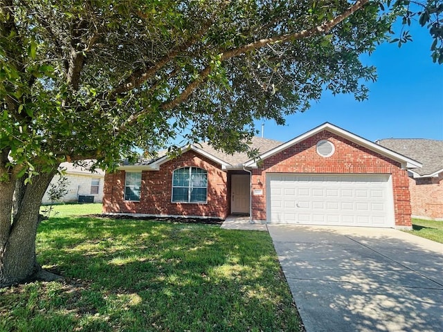 single story home with roof with shingles, concrete driveway, brick siding, an attached garage, and a front yard
