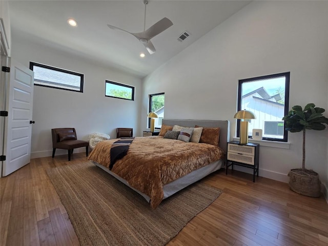5303 Grover Ave Unit 1, Austin, TX 78756 - bedroom featuring hardwood / wood-style floors, high vaulted ceiling, recessed lighting, and ceiling fan