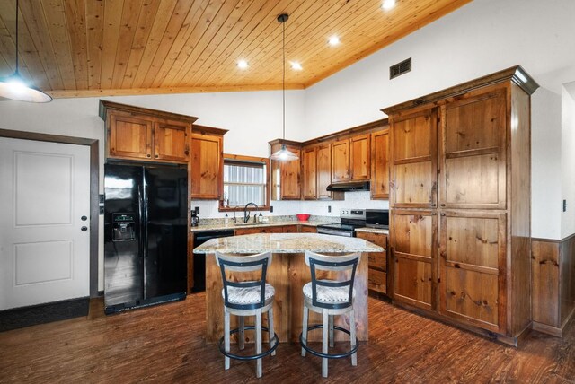 kitchen featuring black appliances, wooden ceiling, a sink, and visible vents