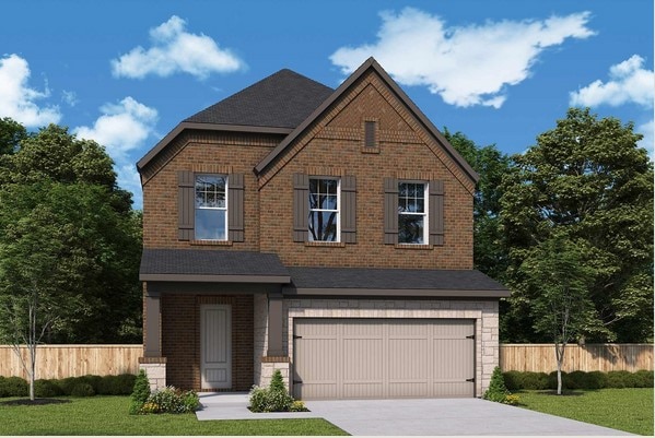 traditional-style home featuring brick siding, fence, driveway, and a garage