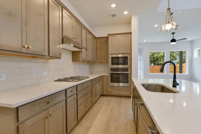 1404 S Brook Dr, Leander, TX 78641 - kitchen with appliances with stainless steel finishes, a sink, under cabinet range hood, light wood-type flooring, and decorative backsplash