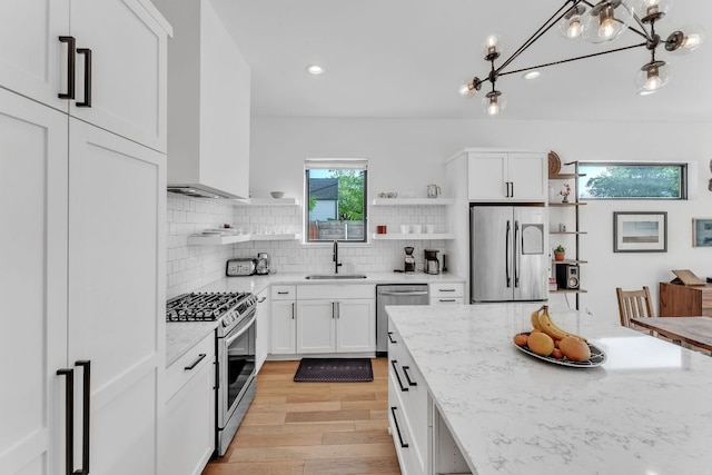 4614 Gillis St Unit 1, Austin, TX 78745 - kitchen featuring open shelves, appliances with stainless steel finishes, a sink, tasteful backsplash, and white cabinets
